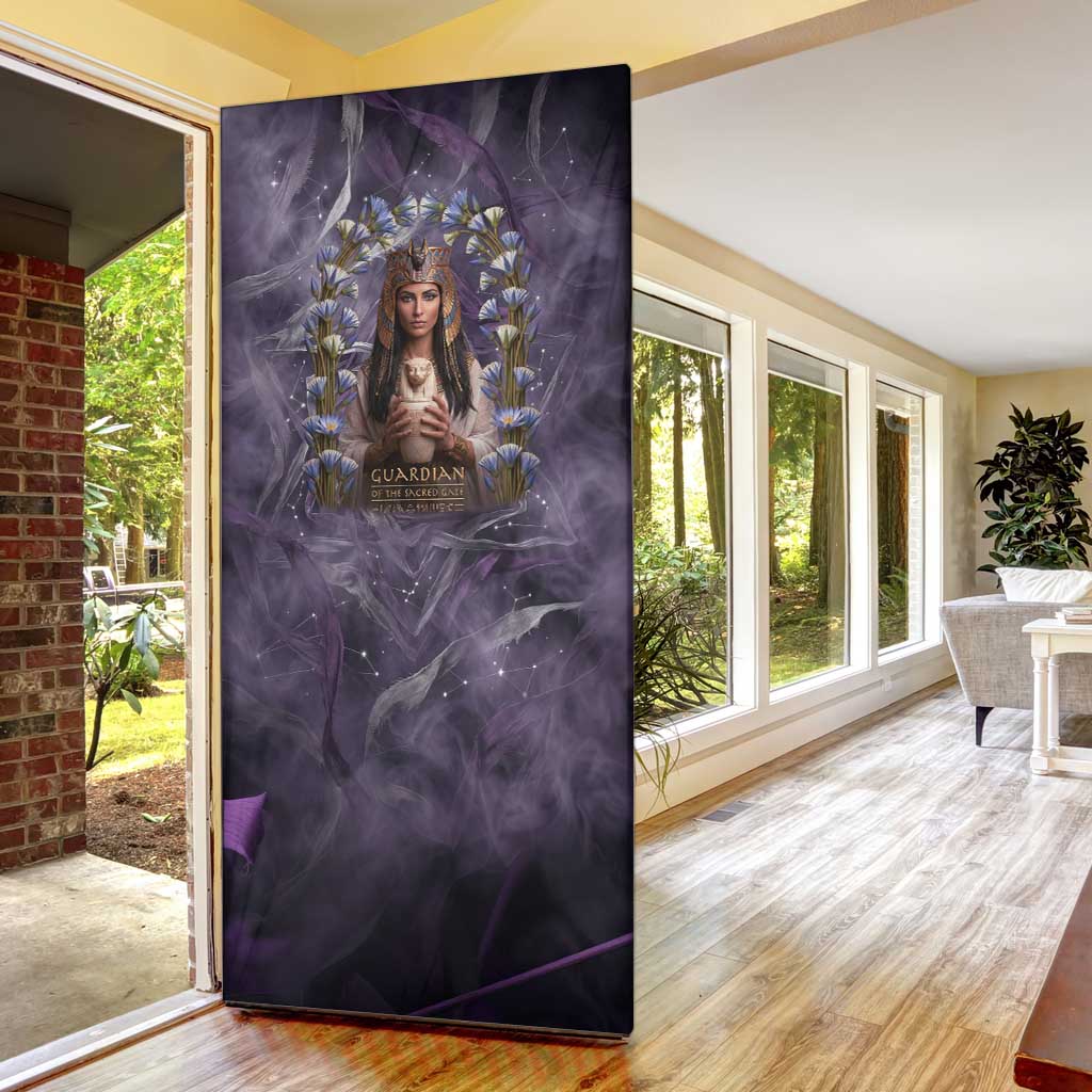Anput Sacred Urn Door Cover with Papyrus Flowers Egyptian Guardian in Violet Mist