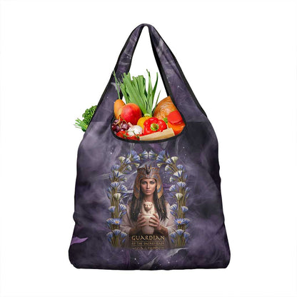 Anput Sacred Urn Grocery Bag with Papyrus Flowers Egyptian Guardian in Violet Mist