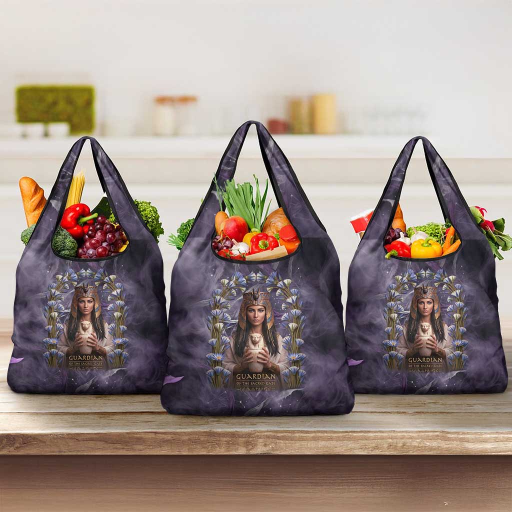 Anput Sacred Urn Grocery Bag with Papyrus Flowers Egyptian Guardian in Violet Mist
