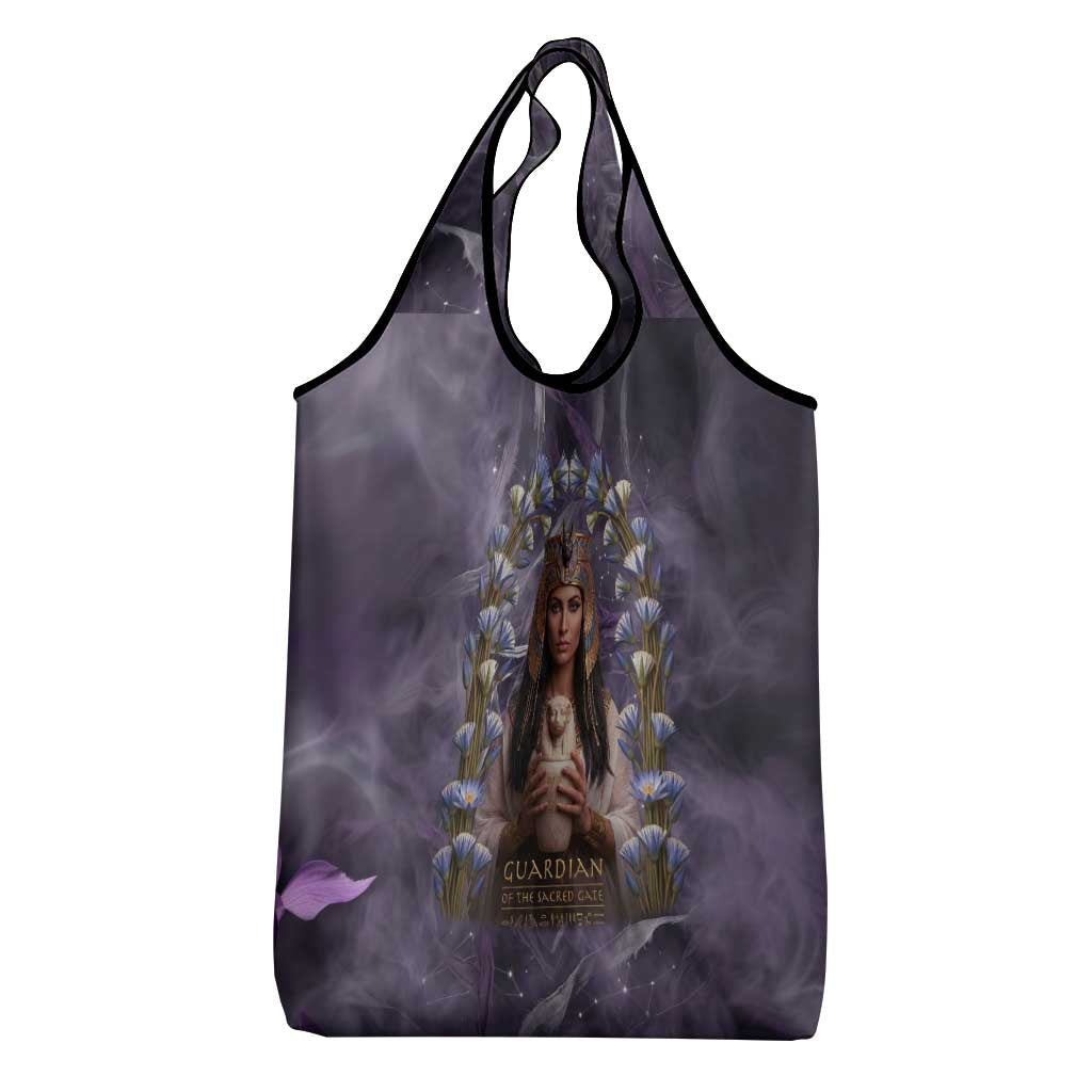 Anput Sacred Urn Grocery Bag with Papyrus Flowers Egyptian Guardian in Violet Mist