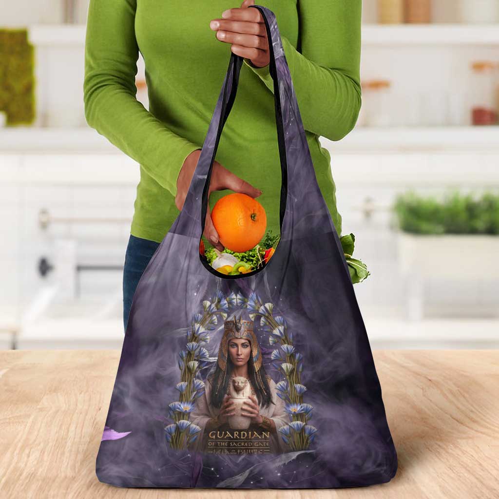 Anput Sacred Urn Grocery Bag with Papyrus Flowers Egyptian Guardian in Violet Mist