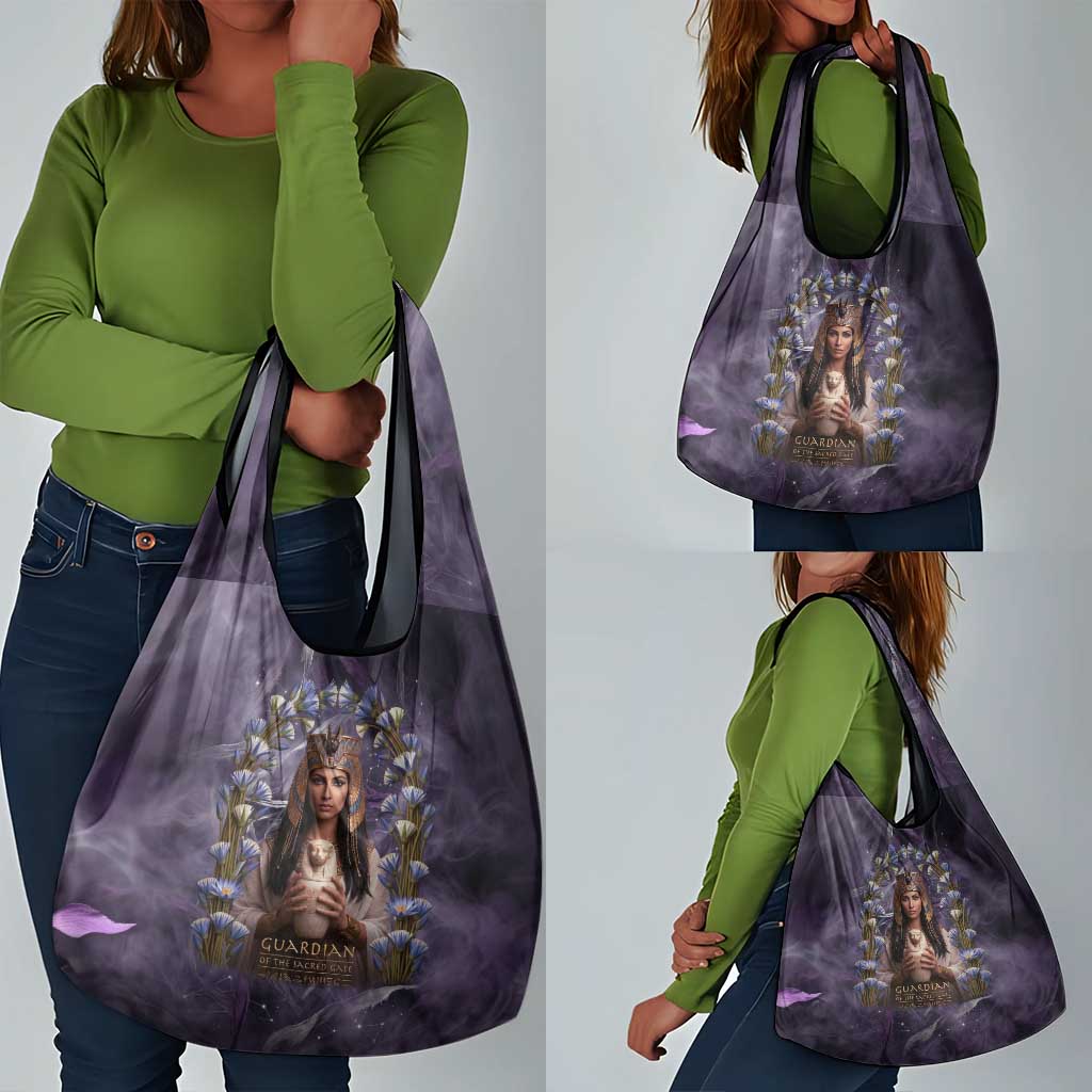 Anput Sacred Urn Grocery Bag with Papyrus Flowers Egyptian Guardian in Violet Mist