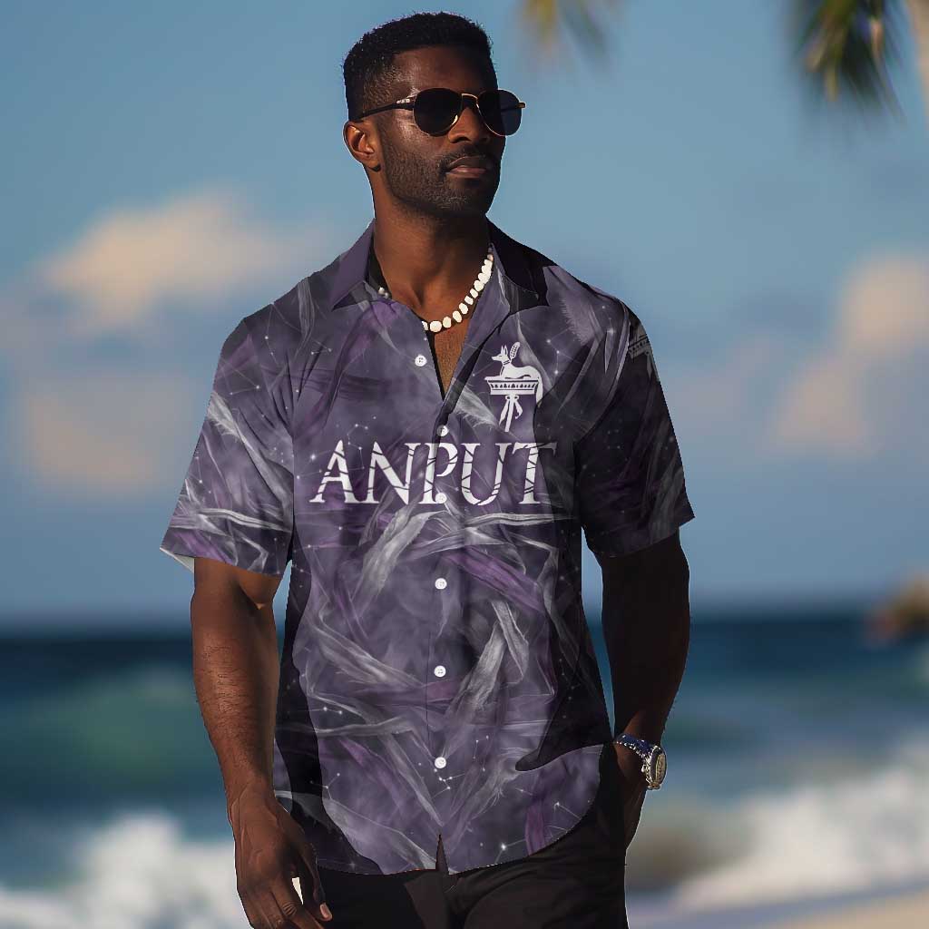 Anput Sacred Urn Hawaiian Shirt with Papyrus Flowers Egyptian Guardian in Violet Mist