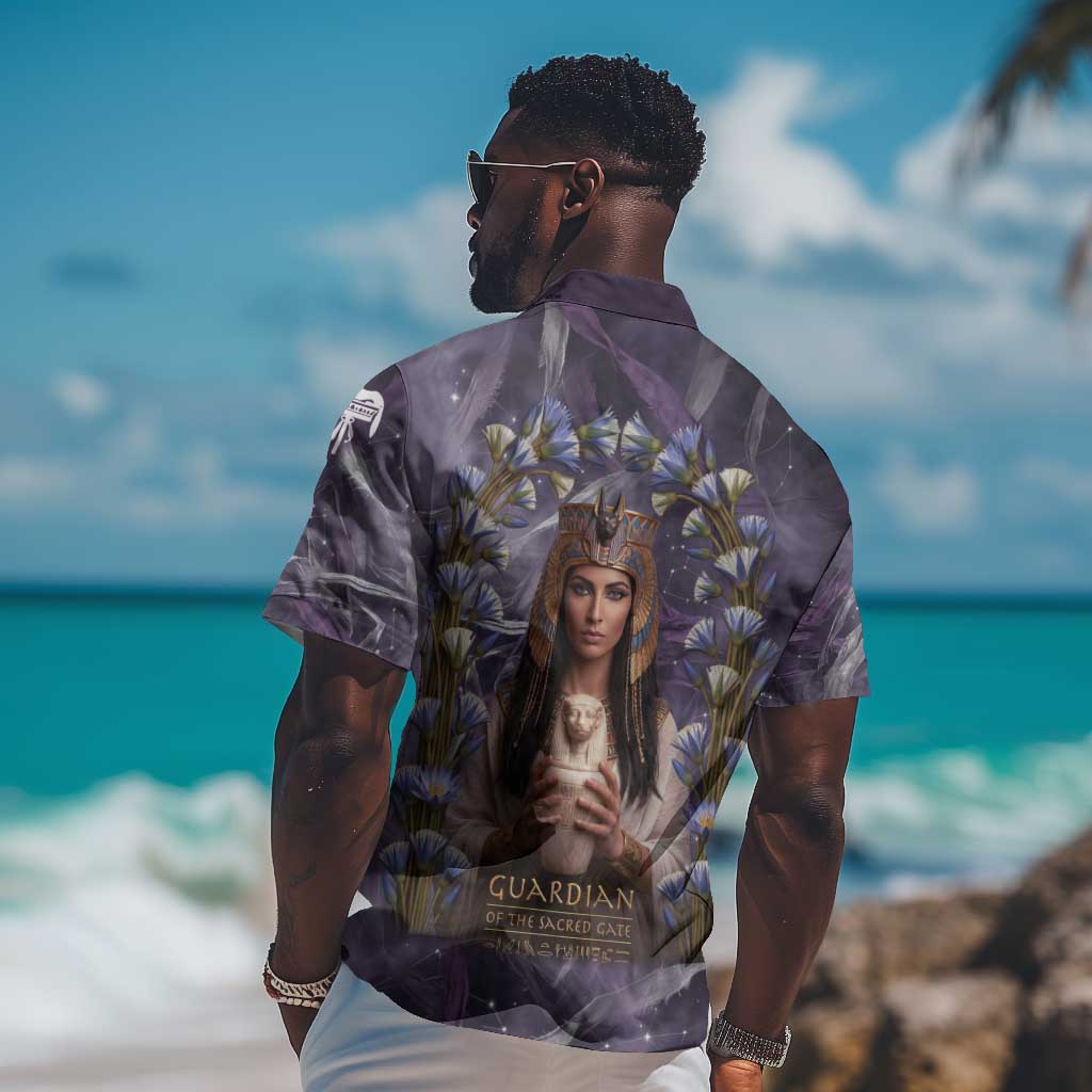Anput Sacred Urn Hawaiian Shirt with Papyrus Flowers Egyptian Guardian in Violet Mist