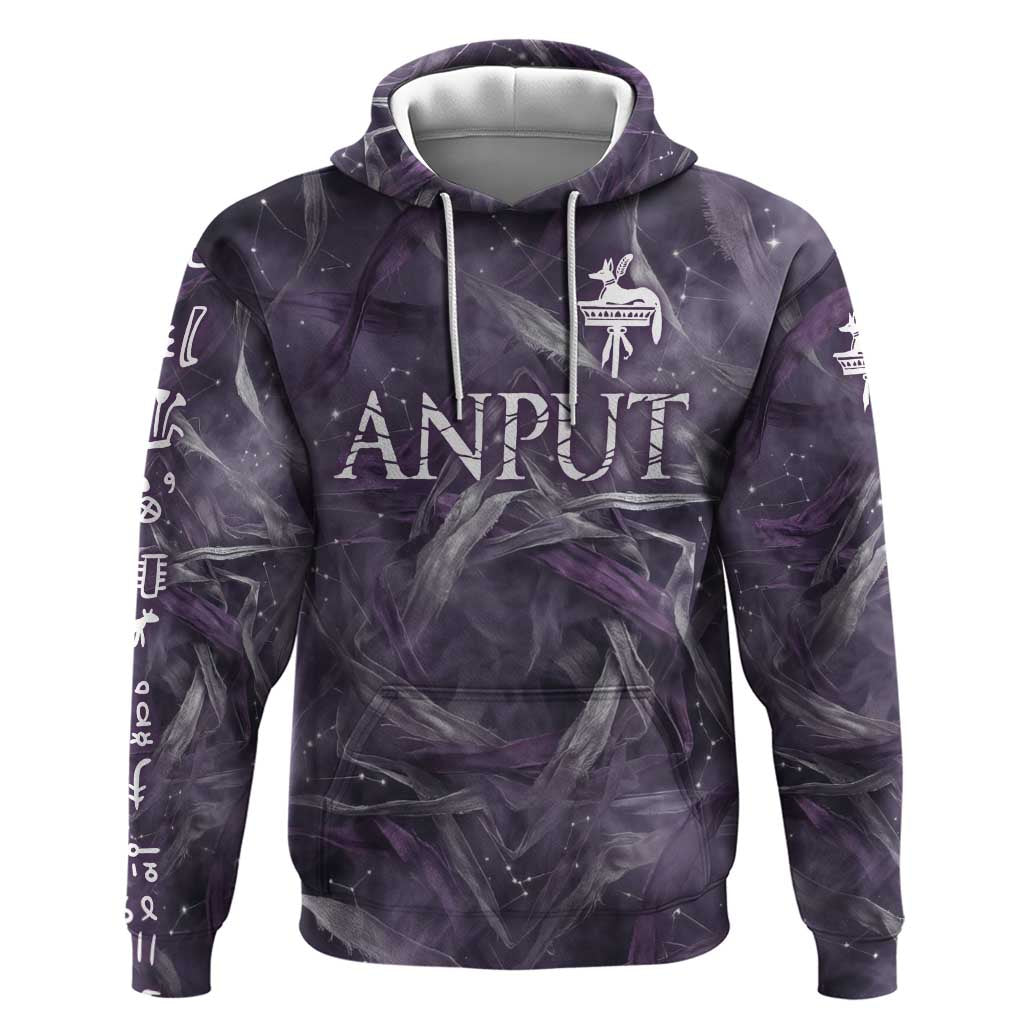 Anput Sacred Urn Hoodie with Papyrus Flowers Egyptian Guardian in Violet Mist