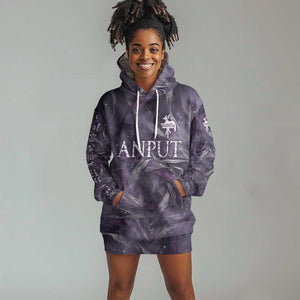 Anput Sacred Urn Hoodie Dress with Papyrus Flowers Egyptian Guardian in Violet Mist