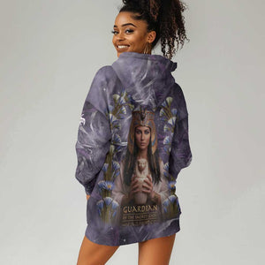 Anput Sacred Urn Hoodie Dress with Papyrus Flowers Egyptian Guardian in Violet Mist