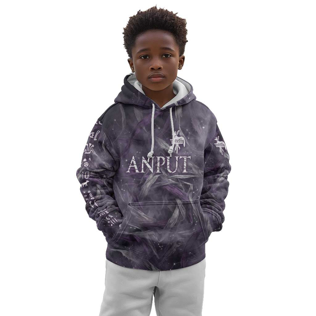 Anput Sacred Urn Kid Hoodie with Papyrus Flowers Egyptian Guardian in Violet Mist