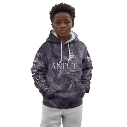 Anput Sacred Urn Kid Hoodie with Papyrus Flowers Egyptian Guardian in Violet Mist