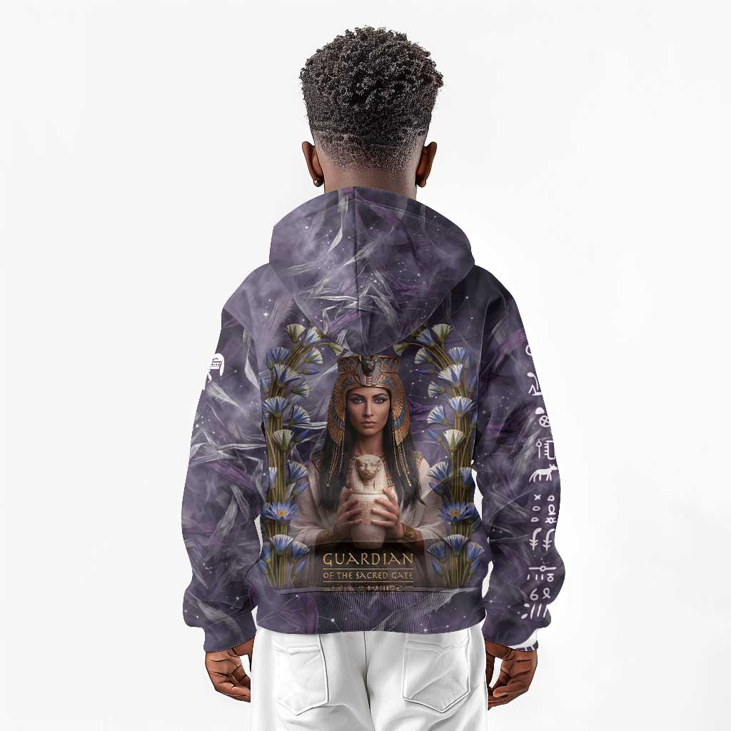 Anput Sacred Urn Kid Hoodie with Papyrus Flowers Egyptian Guardian in Violet Mist