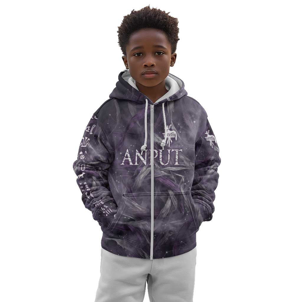 Anput Sacred Urn Kid Hoodie with Papyrus Flowers Egyptian Guardian in Violet Mist