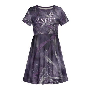Anput Sacred Urn Kid Short Sleeve Dress with Papyrus Flowers Egyptian Guardian in Violet Mist