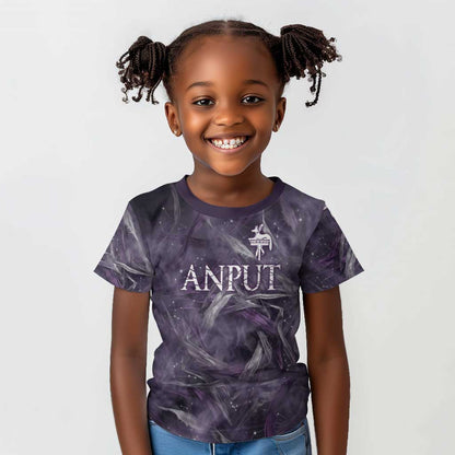 Anput Sacred Urn Kid T shirt with Papyrus Flowers Egyptian Guardian in Violet Mist