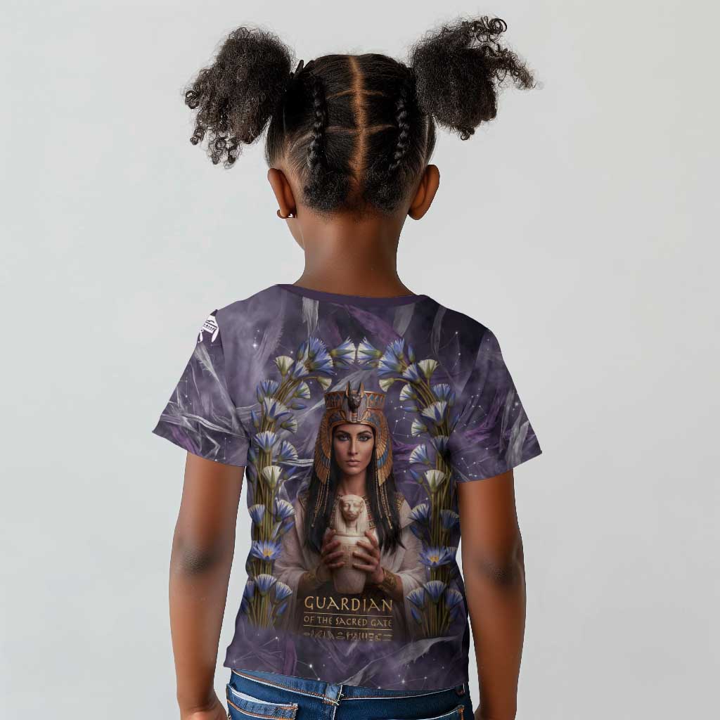 Anput Sacred Urn Kid T shirt with Papyrus Flowers Egyptian Guardian in Violet Mist