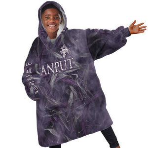 Anput Sacred Urn Kid Wearable Blanket Hoodie with Papyrus Flowers Egyptian Guardian in Violet Mist