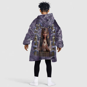 Anput Sacred Urn Kid Wearable Blanket Hoodie with Papyrus Flowers Egyptian Guardian in Violet Mist