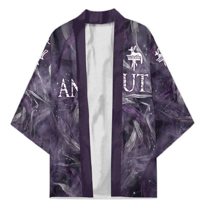 Anput Sacred Urn Kimono with Papyrus Flowers Egyptian Guardian in Violet Mist