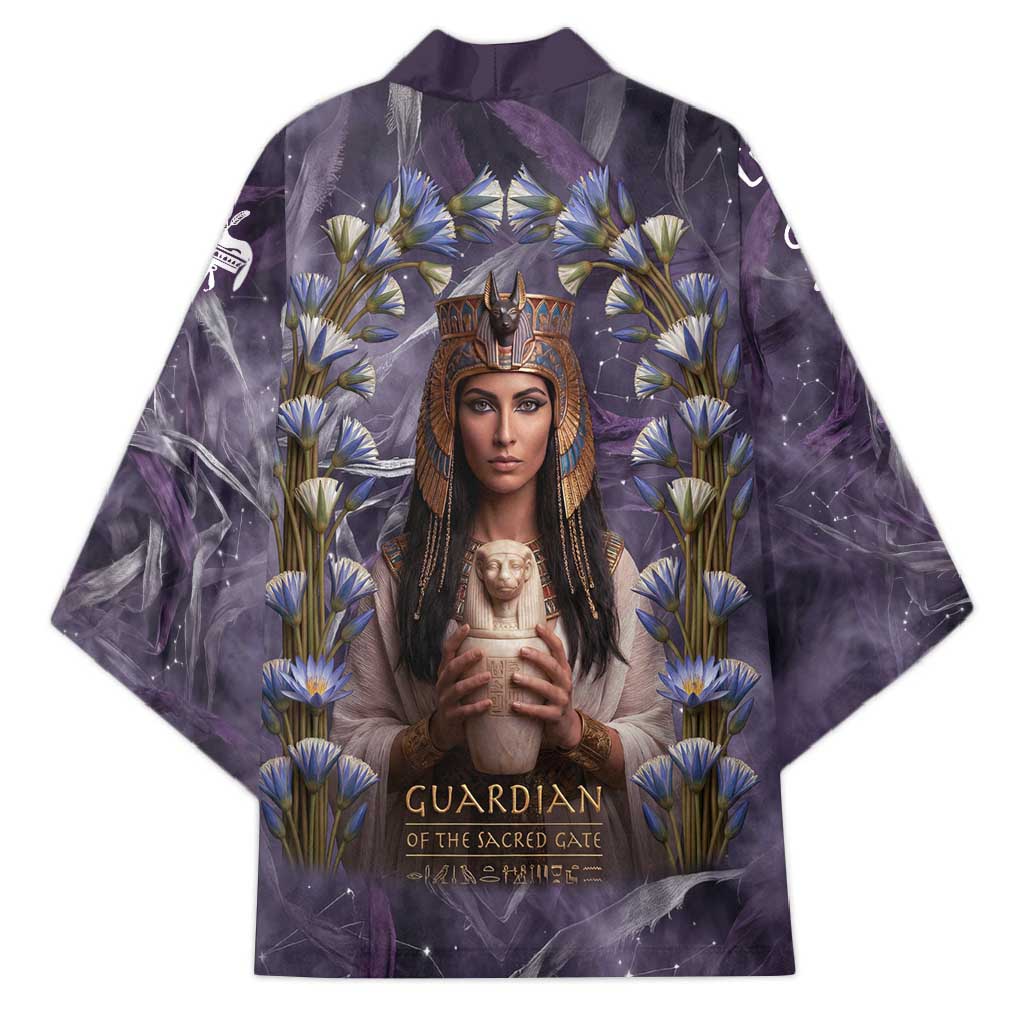 Anput Sacred Urn Kimono with Papyrus Flowers Egyptian Guardian in Violet Mist
