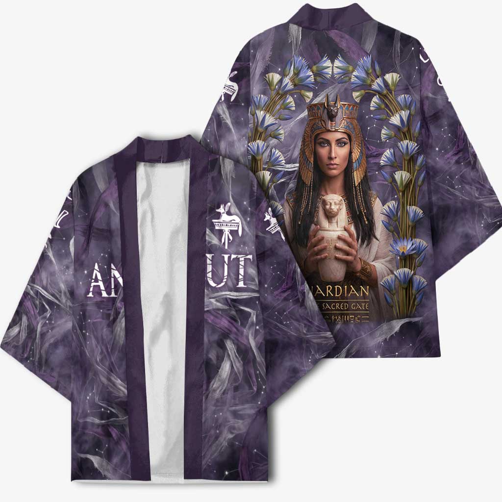 Anput Sacred Urn Kimono with Papyrus Flowers Egyptian Guardian in Violet Mist