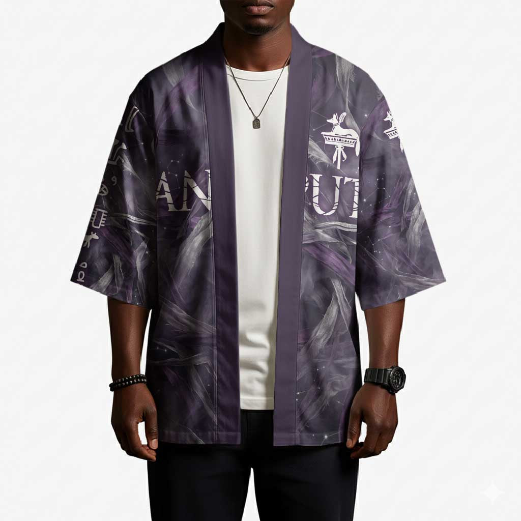 Anput Sacred Urn Kimono with Papyrus Flowers Egyptian Guardian in Violet Mist