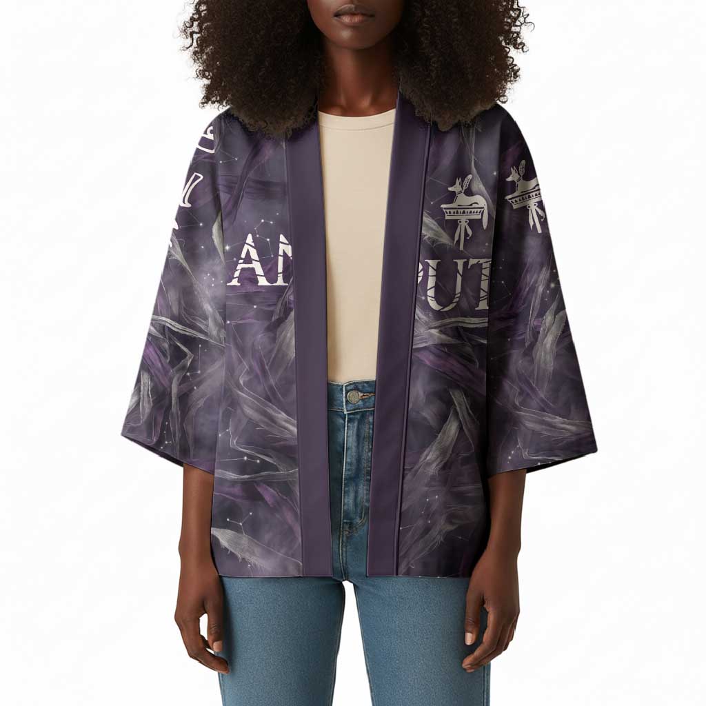 Anput Sacred Urn Kimono with Papyrus Flowers Egyptian Guardian in Violet Mist