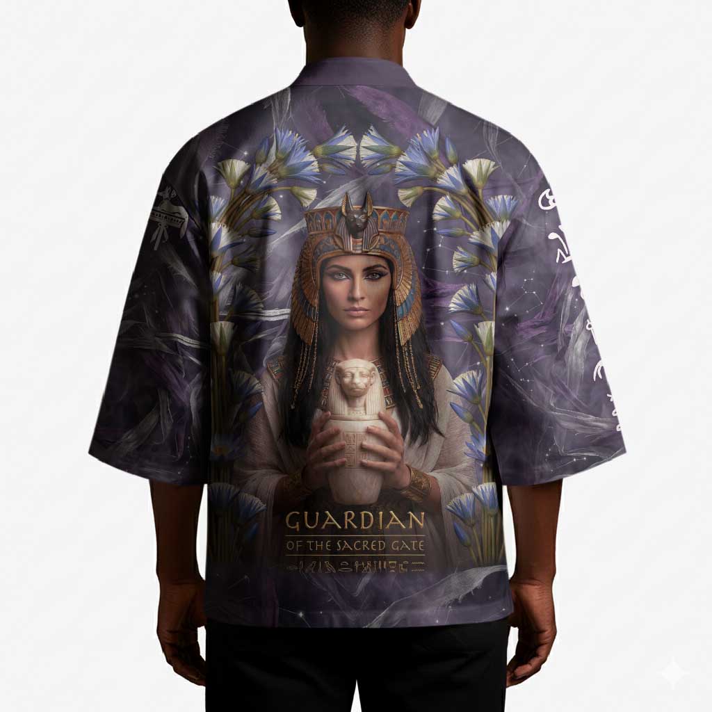 Anput Sacred Urn Kimono with Papyrus Flowers Egyptian Guardian in Violet Mist
