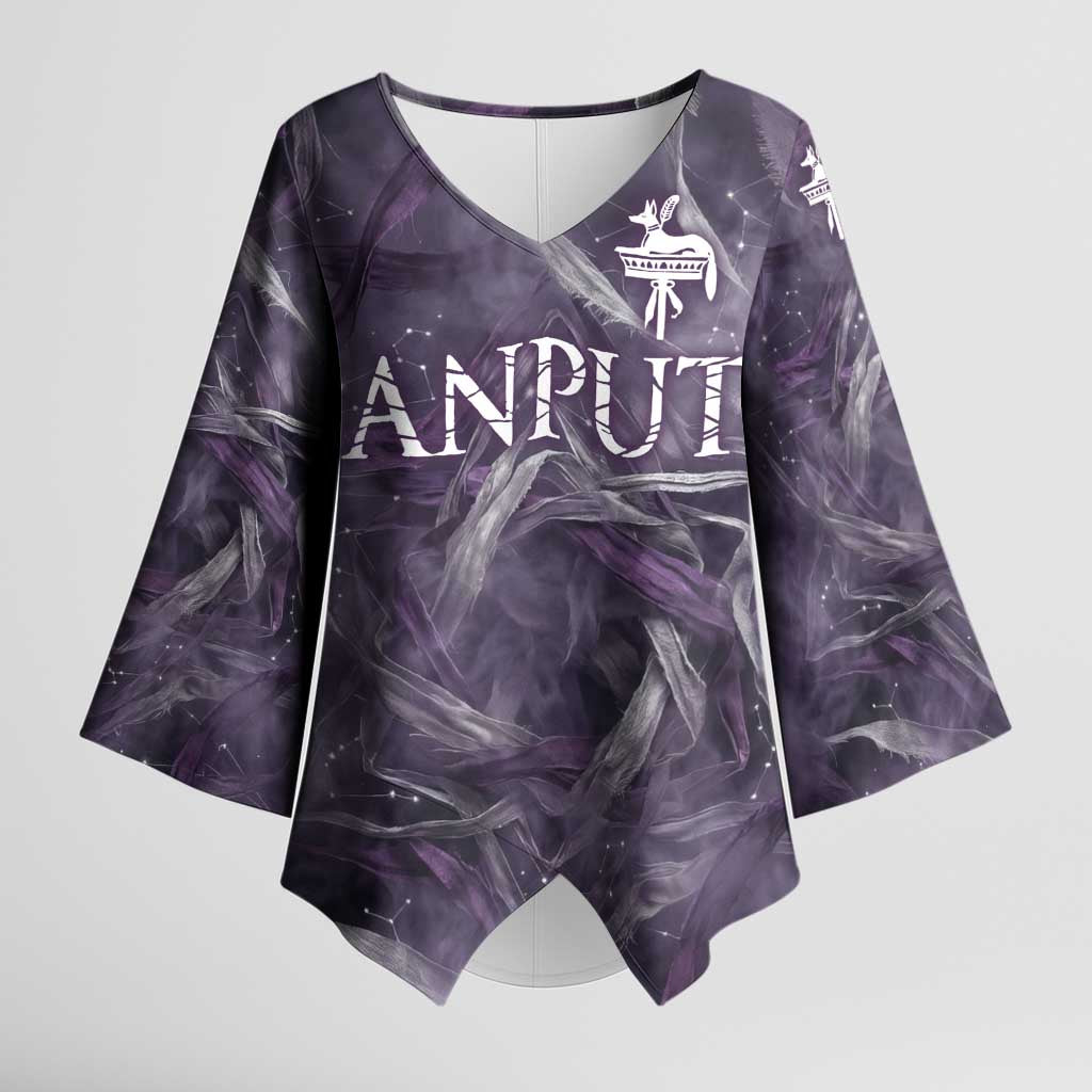 Anput Sacred Urn Kimono Sleeve Blouse with Papyrus Flowers Egyptian Guardian in Violet Mist