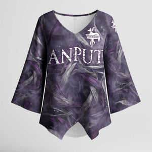 Anput Sacred Urn Kimono Sleeve Blouse with Papyrus Flowers Egyptian Guardian in Violet Mist