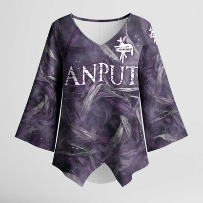 Anput Sacred Urn Kimono Sleeve Blouse with Papyrus Flowers Egyptian Guardian in Violet Mist