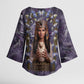 Anput Sacred Urn Kimono Sleeve Blouse with Papyrus Flowers Egyptian Guardian in Violet Mist