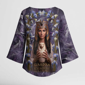 Anput Sacred Urn Kimono Sleeve Blouse with Papyrus Flowers Egyptian Guardian in Violet Mist