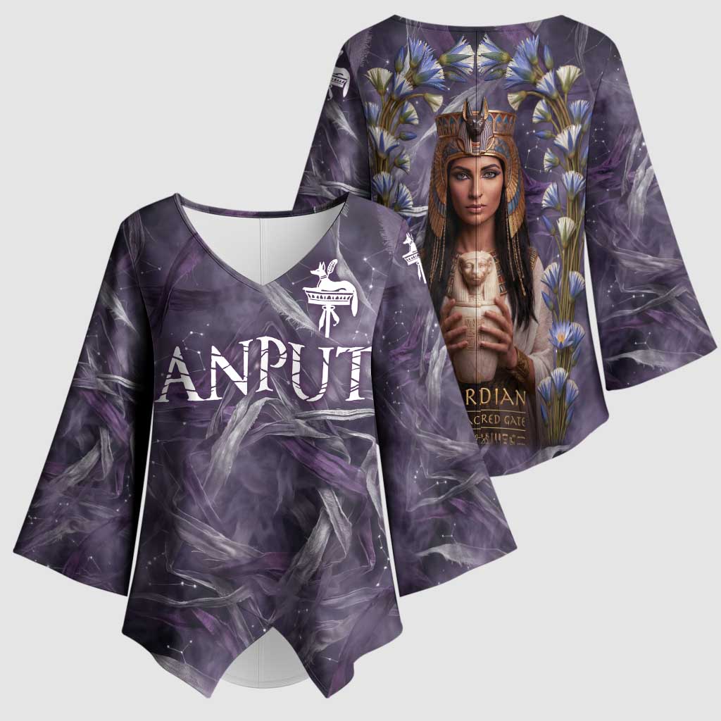 Anput Sacred Urn Kimono Sleeve Blouse with Papyrus Flowers Egyptian Guardian in Violet Mist