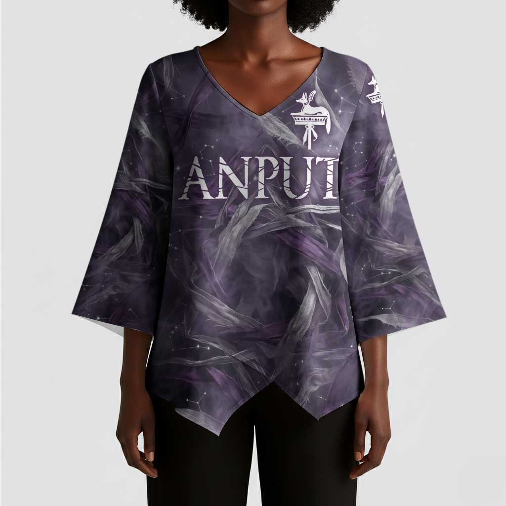 Anput Sacred Urn Kimono Sleeve Blouse with Papyrus Flowers Egyptian Guardian in Violet Mist