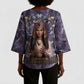 Anput Sacred Urn Kimono Sleeve Blouse with Papyrus Flowers Egyptian Guardian in Violet Mist