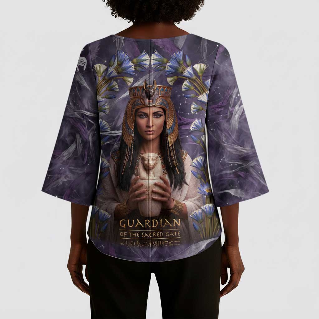 Anput Sacred Urn Kimono Sleeve Blouse with Papyrus Flowers Egyptian Guardian in Violet Mist