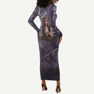 Anput Sacred Urn Long Sleeve Bodycon Dress with Papyrus Flowers Egyptian Guardian in Violet Mist