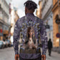 Anput Sacred Urn Long Sleeve Button Shirt with Papyrus Flowers Egyptian Guardian in Violet Mist