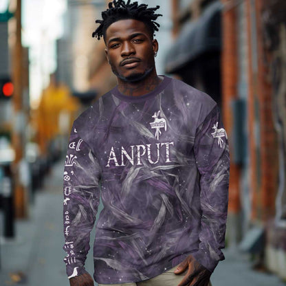 Anput Sacred Urn Long Sleeve Shirt with Papyrus Flowers Egyptian Guardian in Violet Mist