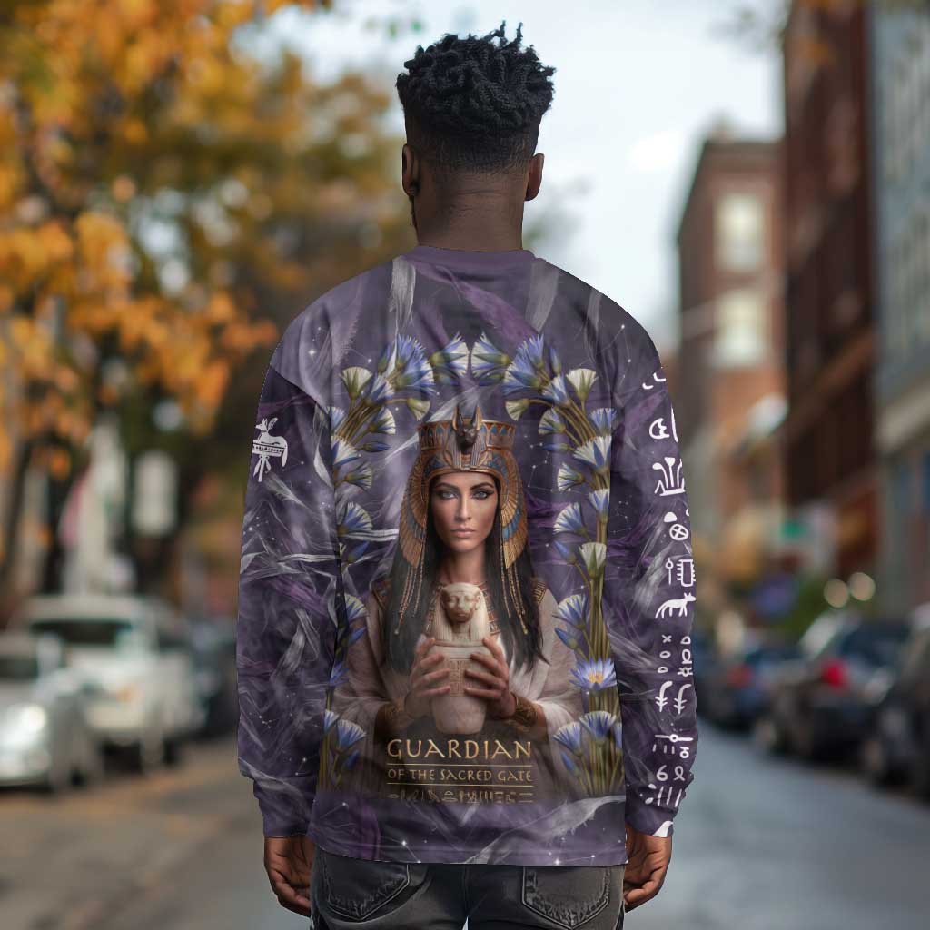 Anput Sacred Urn Long Sleeve Shirt with Papyrus Flowers Egyptian Guardian in Violet Mist