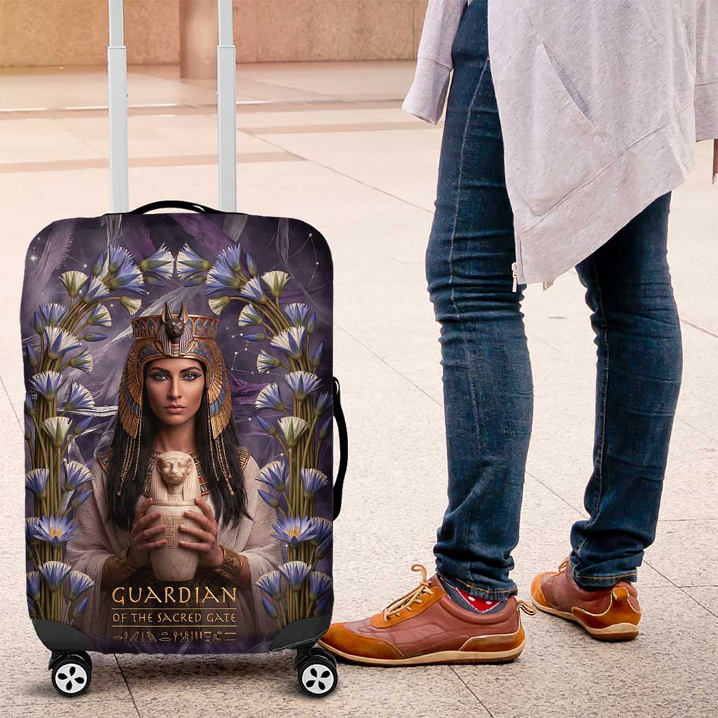 Anput Sacred Urn Luggage Cover with Papyrus Flowers Egyptian Guardian in Violet Mist