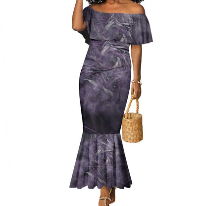 Anput Sacred Urn Mermaid Dress with Papyrus Flowers Egyptian Guardian in Violet Mist