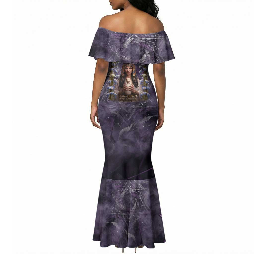 Anput Sacred Urn Mermaid Dress with Papyrus Flowers Egyptian Guardian in Violet Mist