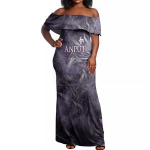 Anput Sacred Urn Off Shoulder Maxi Dress with Papyrus Flowers Egyptian Guardian in Violet Mist