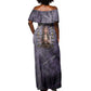 Anput Sacred Urn Off Shoulder Maxi Dress with Papyrus Flowers Egyptian Guardian in Violet Mist