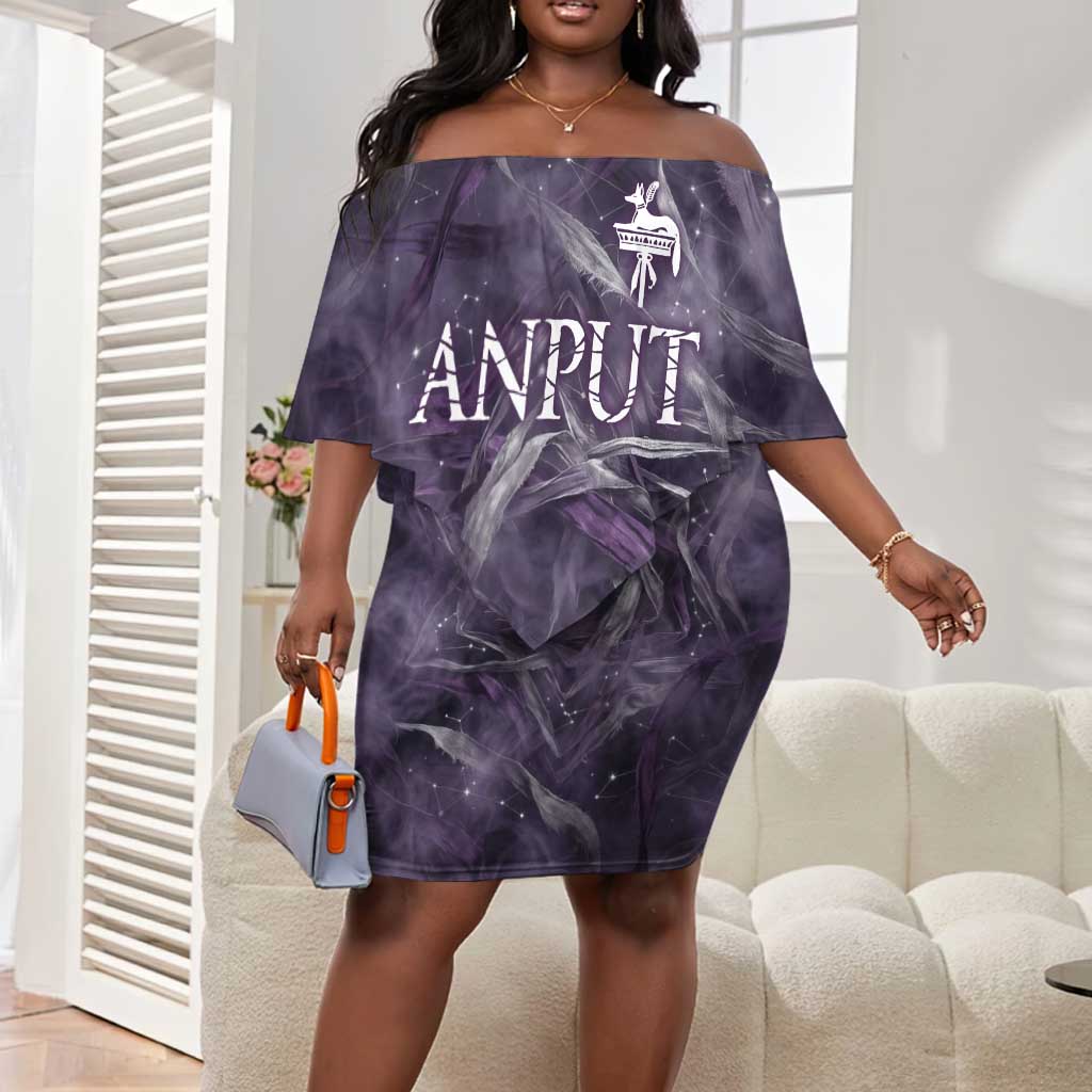 Anput Sacred Urn Off Shoulder Short Dress with Papyrus Flowers Egyptian Guardian in Violet Mist