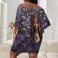 Anput Sacred Urn Off Shoulder Short Dress with Papyrus Flowers Egyptian Guardian in Violet Mist