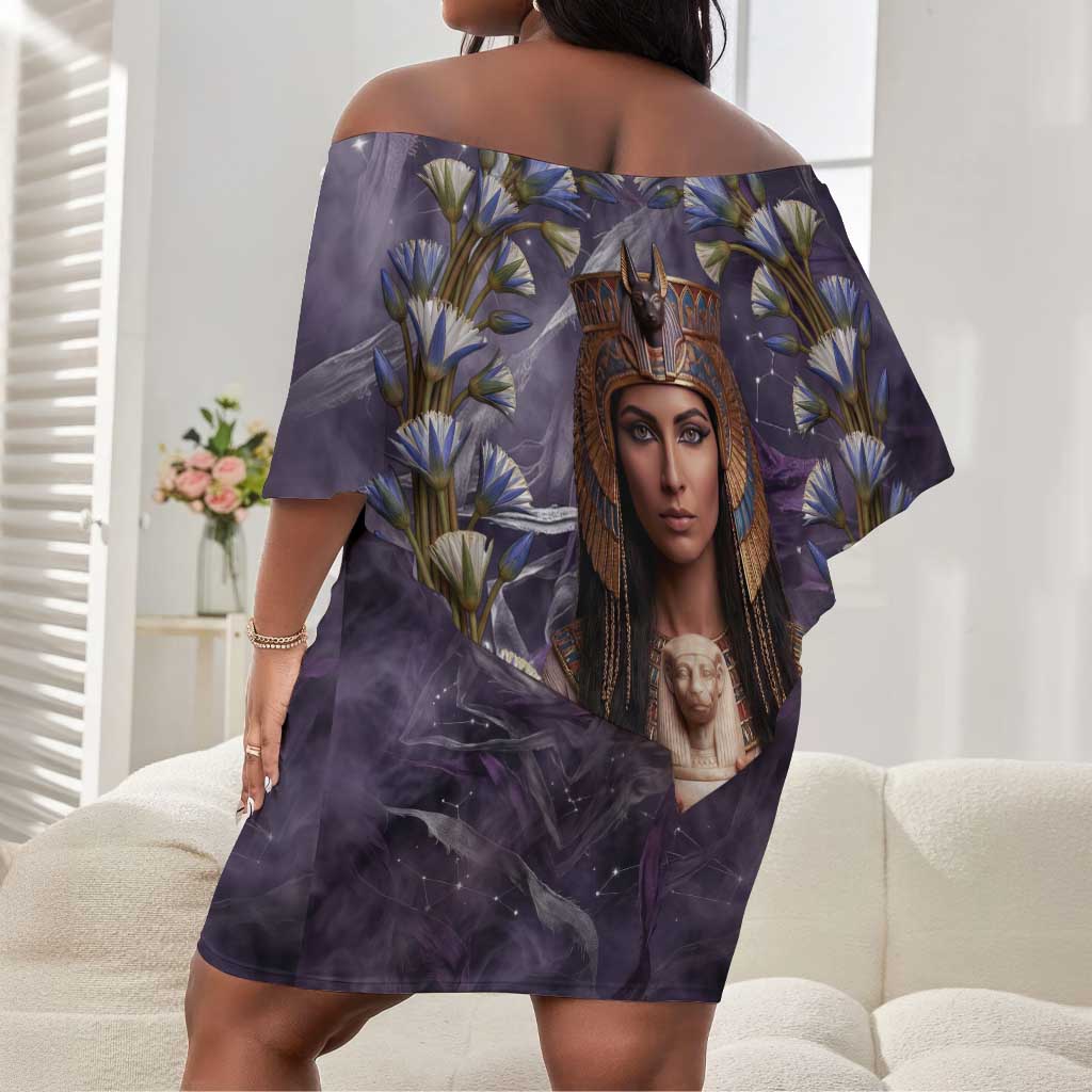 Anput Sacred Urn Off Shoulder Short Dress with Papyrus Flowers Egyptian Guardian in Violet Mist