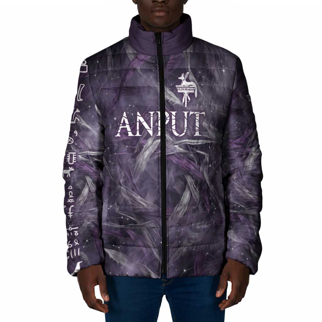 Anput Sacred Urn Padded Jacket with Papyrus Flowers Egyptian Guardian in Violet Mist