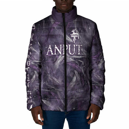 Anput Sacred Urn Padded Jacket with Papyrus Flowers Egyptian Guardian in Violet Mist