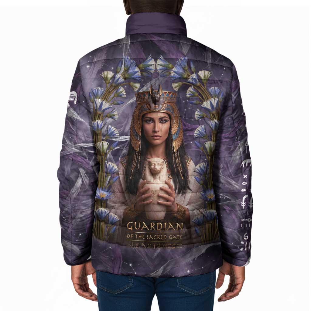 Anput Sacred Urn Padded Jacket with Papyrus Flowers Egyptian Guardian in Violet Mist